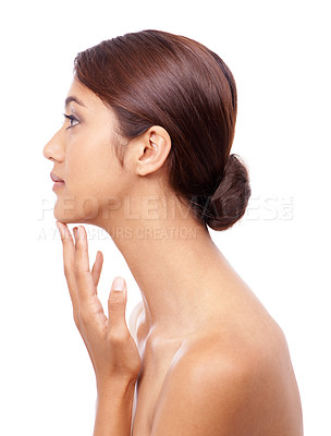 Buy stock photo Woman, side profile and beauty with treatment, face and model for skincare, cosmetics on white background. Makeup, beautiful or headshot with shine, wellness or clean for glow, dermatology or toner
