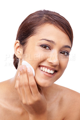 Buy stock photo Woman, cotton pad and beauty with portrait, face and model for makeup removal on white background. Happy, beautiful and headshot with shine, skincare or clean for glow, dermatology or toner
