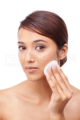 Buy stock photo Woman, cotton pad and beauty with portrait, face and model for skincare, cosmetics on white background. Makeup, beautiful and headshot with shine, apply or clean for glow, dermatology or toner
