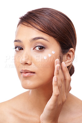 Buy stock photo Woman, moisturiser and beauty with portrait, hand and model for skincare cosmetics on white background. Makeup, beautiful and headshot with shine, wellbeing or clean for glow with anti-aging cream 