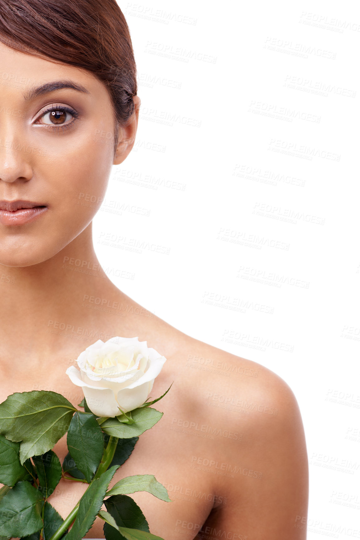 Buy stock photo Woman, rose and beauty with half portrait, vegan and model for skincare cosmetics on white background. Makeup, wellness treatment or mockup with shine, flower or organic for glow with healthy skin