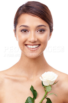 Buy stock photo Woman, rose and makeup with portrait, beauty and model for skincare cosmetics on white studio background. Happy, wellness and natural with shine, flower and organic for glow with healthy skin