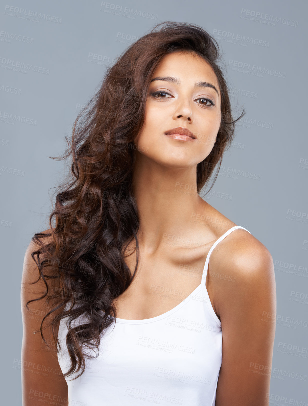 Buy stock photo Hair care, woman and portrait or beauty in studio with keratin treatment, soft texture and shampoo shine. Model, Indian person and face with hairstyle, cosmetics and collagen glow on white background