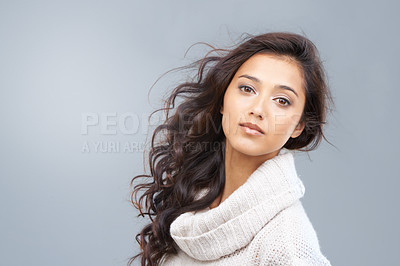 Buy stock photo Serious, woman and portrait for hair care, beauty and healthy glow on skin in gray background of studio. Dermatology skincare and girl with shine on face from makeup, treatment and Brazil mockup