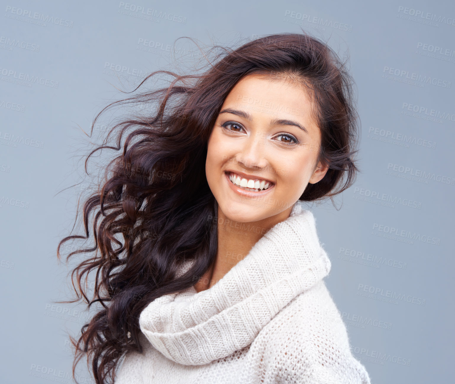 Buy stock photo Hair care, beauty and happy portrait of woman with healthy glow on skin in gray background of studio. Dermatology skincare and girl with smile with pride for shine in hairstyle or treatment in Brazil