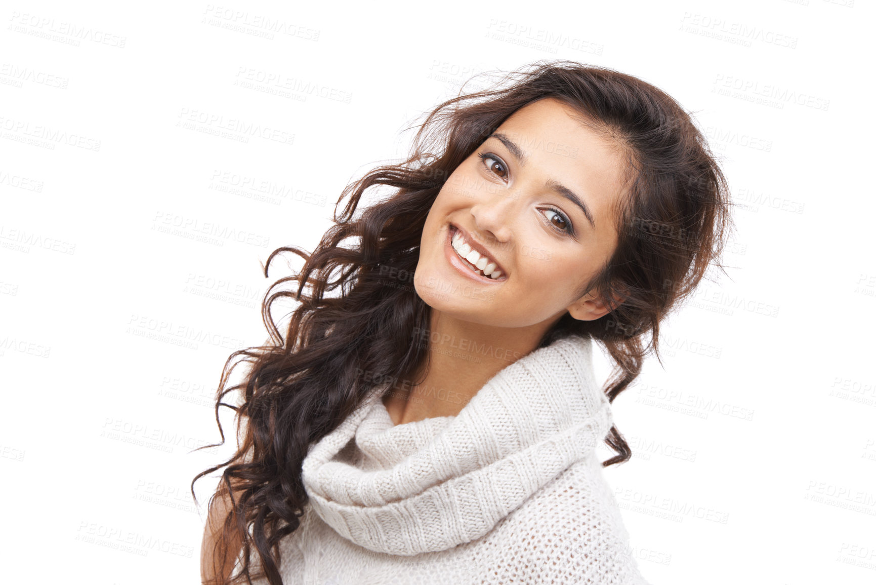 Buy stock photo Happy, hair care and portrait of woman with beauty and healthy glow on skin in white background of studio. Dermatology skincare and girl smile for shine from cosmetics or treatment in Brazil
