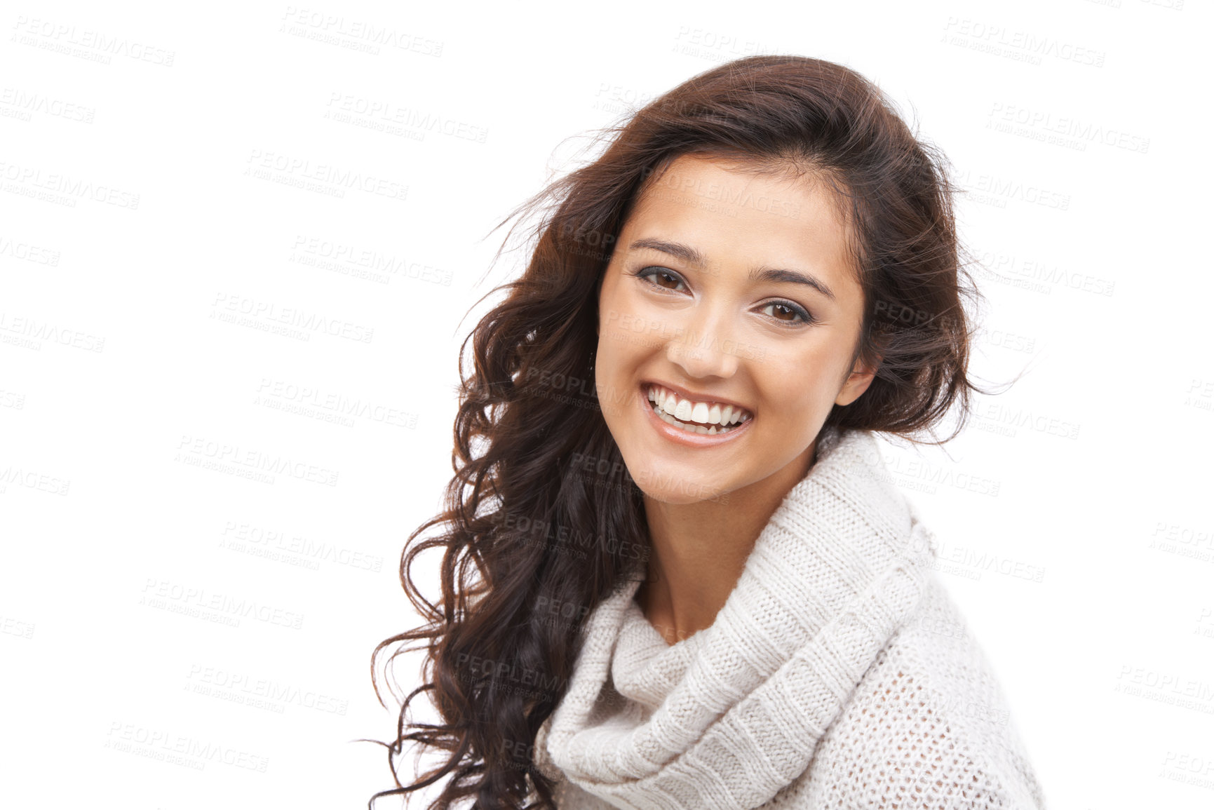 Buy stock photo Portrait of a beautiful brunette in winter clothing smiling at the camera with copyspace