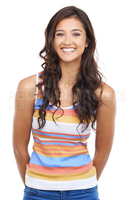 Buy stock photo Portrait, smile and beauty of woman with curly hair in studio isolated on a white background. Face, happy person and young girl, model in casual clothes for trendy fashion and hairstyle in Brazil