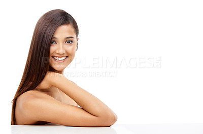 Buy stock photo Hair care, beauty and young woman in studio for cosmetic, salon and wellness treatment. Smile, confident and portrait of female person with healthy hairstyle routine by white background with mockup.