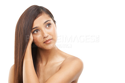 Buy stock photo Hair care, woman and cosmetics or thinking in studio with keratin treatment, soft texture and shampoo shine on mockup. Model, person and beauty with hairstyle ideas, face and glow on white background