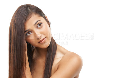 Buy stock photo Hair care, woman and beauty or thinking in studio with keratin treatment, soft texture and shampoo shine on mockup. Model, person and face with hairstyle ideas, cosmetics and glow on white background