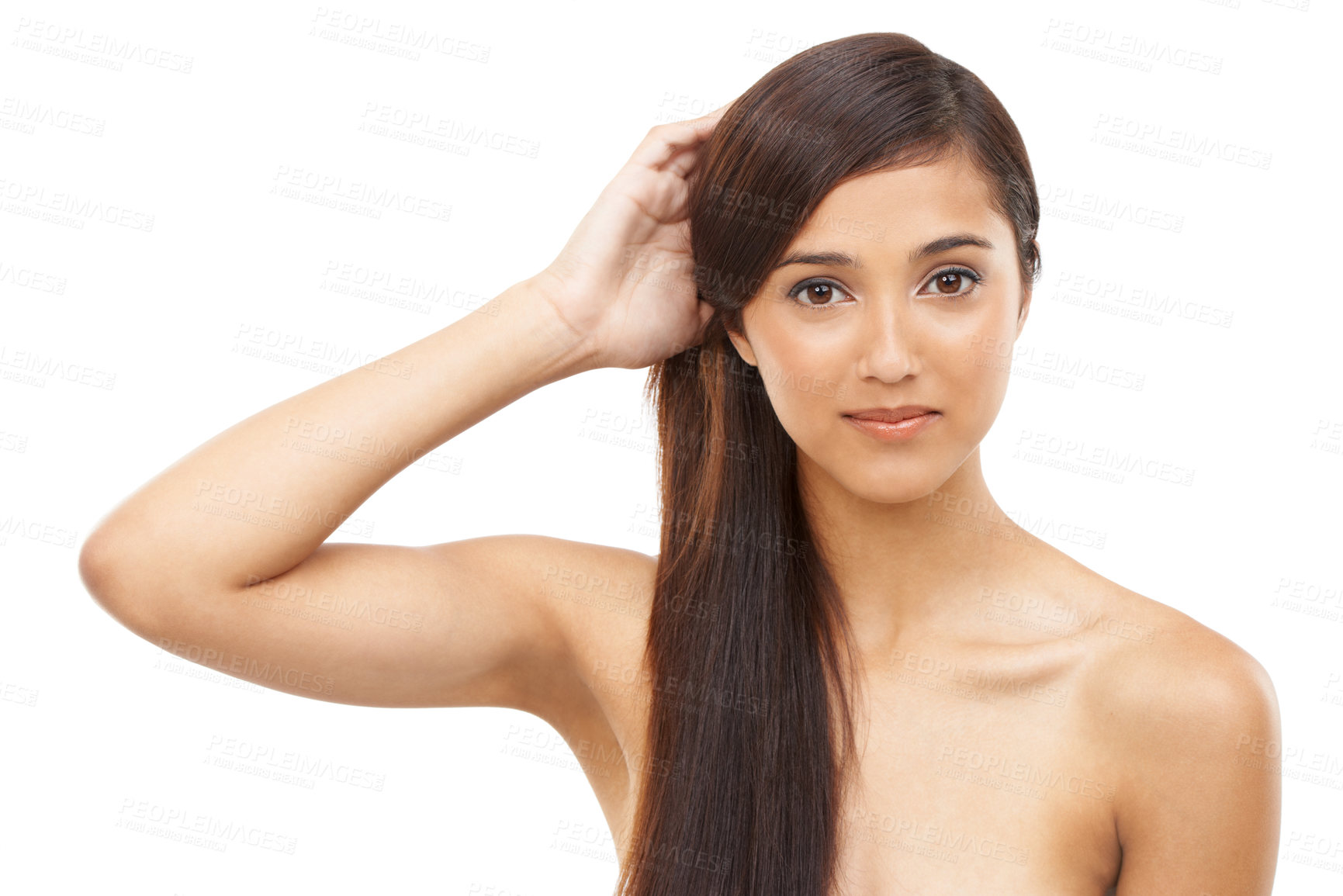 Buy stock photo Hair care, woman and portrait or cosmetics in studio with keratin treatment, soft texture and shampoo shine. Model, Indian person and face with hairstyle, beauty and collagen glow on white background