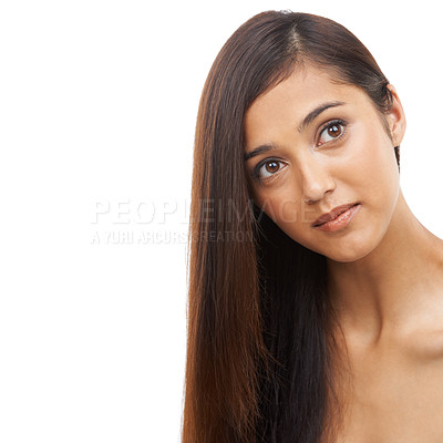 Buy stock photo Hair care, woman and face or thinking in studio with keratin treatment, soft texture and shampoo shine on mockup. Model, person and beauty with hairstyle ideas, cosmetics and glow on white background