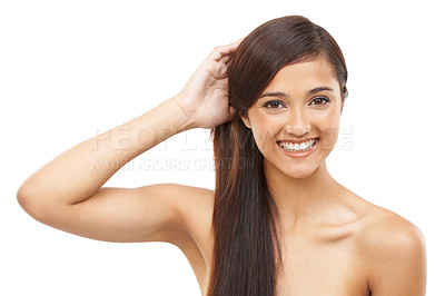 Buy stock photo Hair care, woman and portrait or happy in studio with keratin treatment, soft texture and shampoo shine. Model, Indian person and face with hairstyle, cosmetics and collagen glow on white background