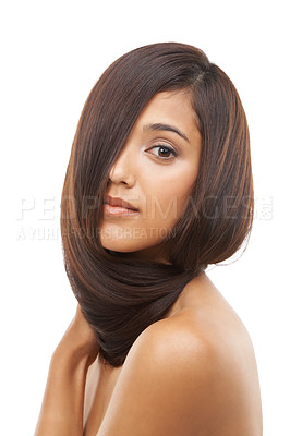 Buy stock photo Hair care, texture and young woman in studio for cosmetic, salon and beauty treatment. Wellness, confident and portrait of female person with healthy shiny hairstyle routine by white background.