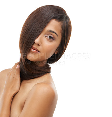 Buy stock photo Hair care, salon and portrait of woman in studio for cosmetic, wellness and beauty treatment. Health, confident and young female person with shiny conditioner hairstyle routine by white background.