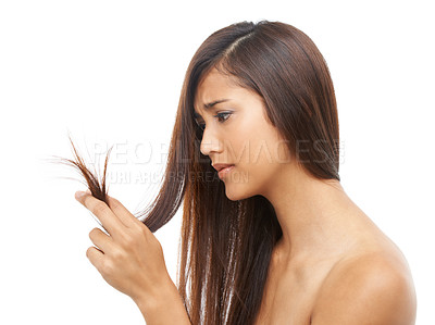 Buy stock photo Hair care, woman and frustrated in studio with shampoo texture, treatment damage and keratin hairloss problem. Model, person and stress with salon haircut, split ends or hairstyle on white background
