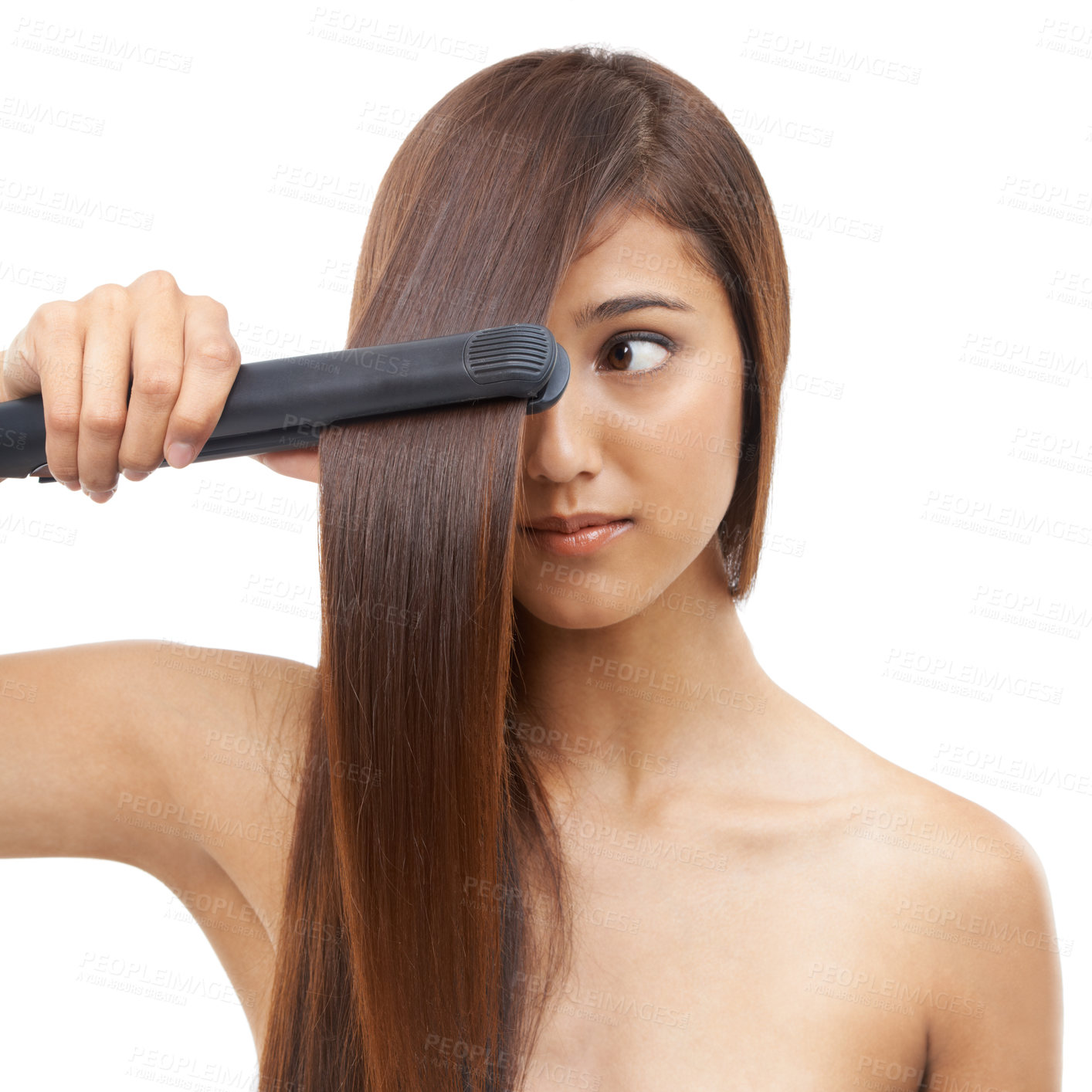 Buy stock photo Beauty, straightener and young woman in studio for cosmetic, salon and hair care treatment. Flat iron tool, heat and confident female person with healthy hairstyle routine by white background.