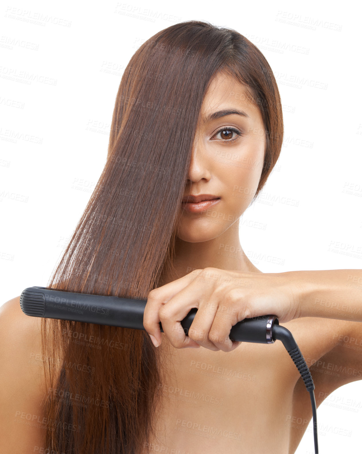 Buy stock photo Hair care, straightener and portrait of woman in studio for cosmetic, salon and beauty treatment. Flat iron tool, confident and young female person with healthy hairstyle routine by white background.