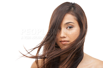 Buy stock photo Hair care, woman and portrait or cosmetics in studio with keratin treatment, soft texture and shampoo shine. Model, Indian person and face with mockup, beauty and collagen glow on white background