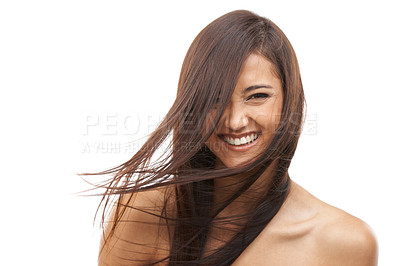 Buy stock photo Hair care, woman and portrait or excited in studio with keratin treatment, soft texture and shampoo shine. Model, Indian person and face with mockup, cosmetics and collagen glow on white background