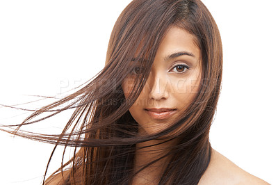 Buy stock photo Hair care, woman and portrait or confident in studio with keratin treatment, soft texture and beauty shine. Model, Indian girl and face with hairstyle, cosmetics and collagen glow on white background