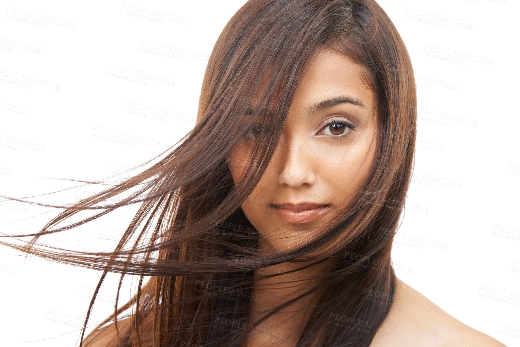 Buy stock photo Hair care, woman and portrait or confident in studio with keratin treatment, soft texture and beauty shine. Model, Indian girl and face with hairstyle, cosmetics and collagen glow on white background