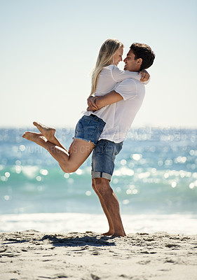 Buy stock photo Couple, hug and fun by beach in summer with love, care and support together on a holiday. Happy, vacation and date  smile by the sea in Miami with freedom and travel by the ocean on a trip outdoor