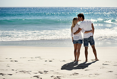 Buy stock photo Hug, beach and back of couple kiss in nature with freedom, romance or care, trust or support. Love, embrace and people at the sea for travel, fun and summer, vacation or adventure or bond in Florida