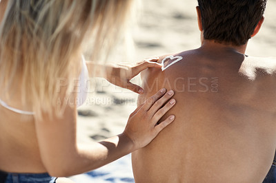 Buy stock photo Summer beach couple, apply sunscreen and heart sign, icon or back hydration lotion, skincare or body UV protection. Love, nature or partner help, support and sun cream application for SPF skin safety