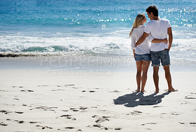 Buy stock photo Hug, beach and back of couple in nature with freedom, romance or care, trust or support. Love, embrace and people at the sea for travel, fun and summer, vacation or adventure while bonding in Florida