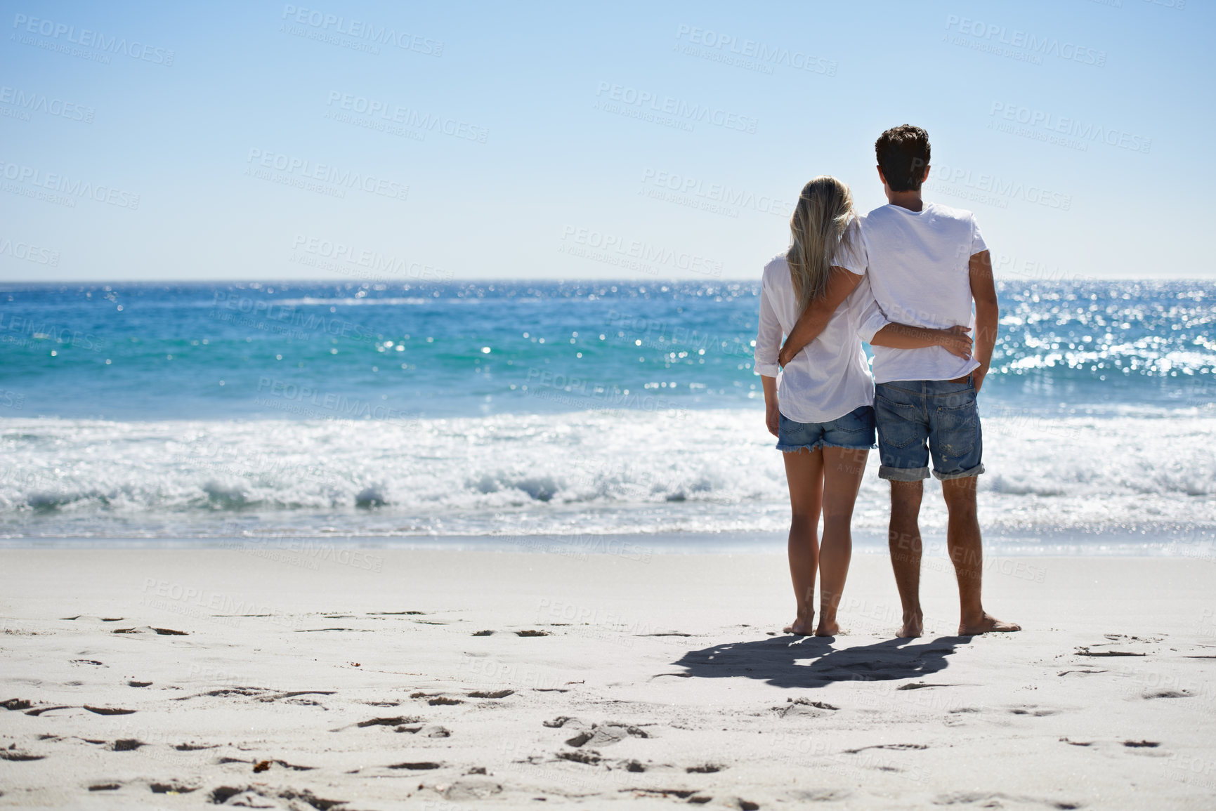 Buy stock photo Beach, hug and back of couple in nature with freedom, romance or care, trust or support. Love, embrace and people at the sea for travel, fun and summer, vacation or adventure while bonding in Florida