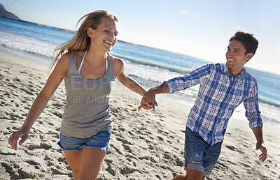 Buy stock photo Couple, walk and smile by ocean, holding hands or outdoor in summer sunshine for vacation, thinking or travel. Man, woman and care for love, bonding or holiday at beach for adventure in Naples, Italy