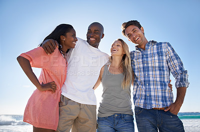Buy stock photo Hug, beach or portrait of friends on outdoor holiday vacation trip together in summer for support. Happy, diversity or group of men with women, smile or love to relax in nature for ocean or travel