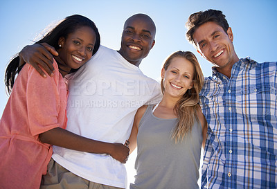 Buy stock photo Double date, sky or portrait of happy couple of friends on outdoor holiday vacation trip together in summer. Group, diversity or men with women, smile or love to relax in nature for hug or travel