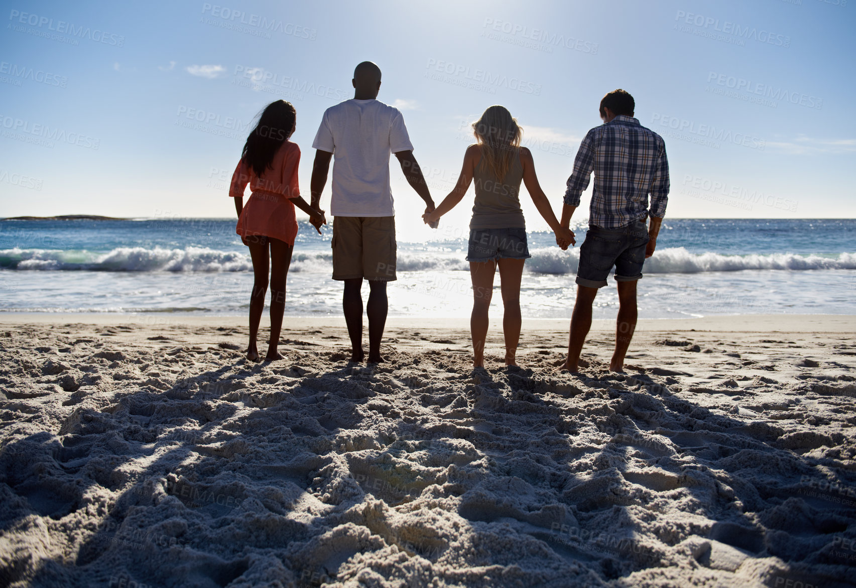 Buy stock photo Holding hands, ocean or group of friends walking at sea on holiday vacation together in summer. Support, people or back of men with women or love to relax on beach, sand or nature for travel or break
