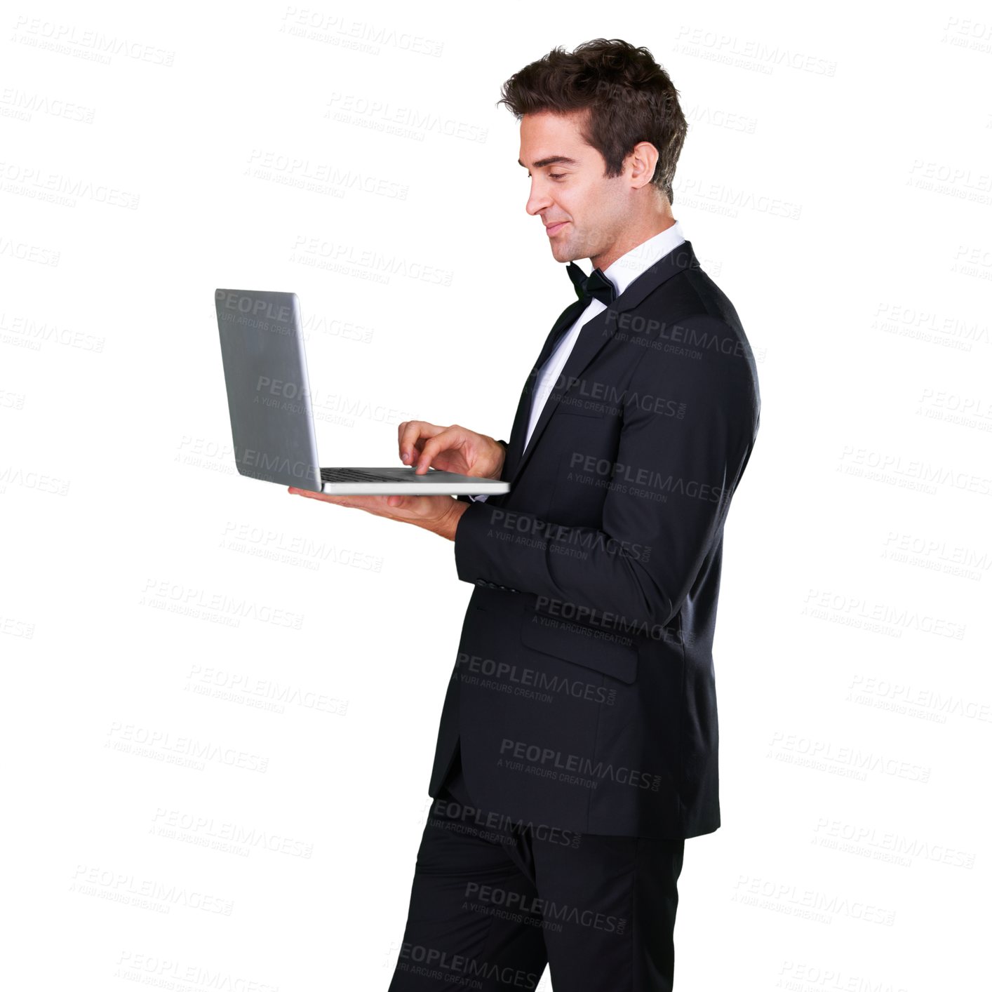Buy stock photo Businessman, typing and standing with laptop for information in png or isolated background for copywriter. Stylish, professional male and looking at display with technology for email or working.