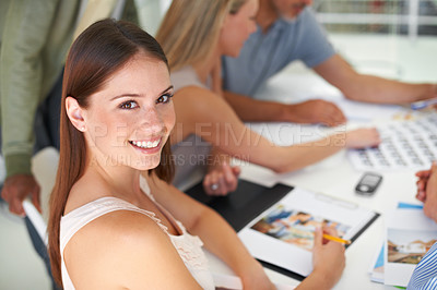 Buy stock photo Magazine, design and portrait of woman in meeting with team project, collaboration and creative planning. Happy, person and photographer work at table with catalog, portfolio and editing process