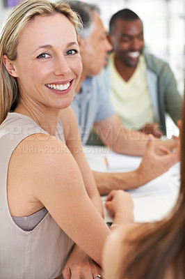 Buy stock photo Woman, portrait and smile in boardroom for teamwork at creative agency for collaboration, meeting or opportunity. Female person, face and paperwork at company for brainstorming, proposal or career