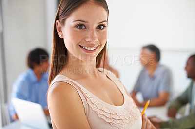 Buy stock photo Businesswoman, portrait and confident in boardroom or smile as professional, creative agency or team collaboration or diversity. Female person, arms crossed and office for project, proposal or idea