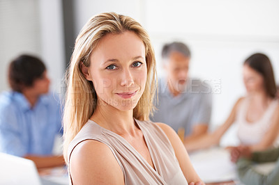 Buy stock photo Woman, portrait and boardroom for teamwork or meeting at magazine agency as collaboration, ideas or opportunity. Female person, face and confidence at company or brainstorming, professional or career