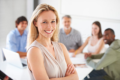 Buy stock photo Business woman, portrait and group with arms crossed, startup company or smile with pride in boardroom. Person, leader and meeting in modern office for workshop, discussion and negotiation at agency
