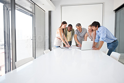 Buy stock photo Teamwork, meeting or business people with laptop in an office for research, planning and discussion. Diversity, agency or group of professional designers working in collaboration on creative project