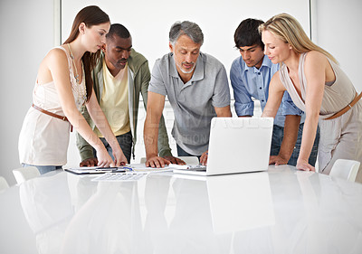 Buy stock photo Men, women and laptop in meeting for creative collaboration at magazine agency for problem solving, project or proposal. Group, diversity and brainstorming for company ideas, campaign or planning