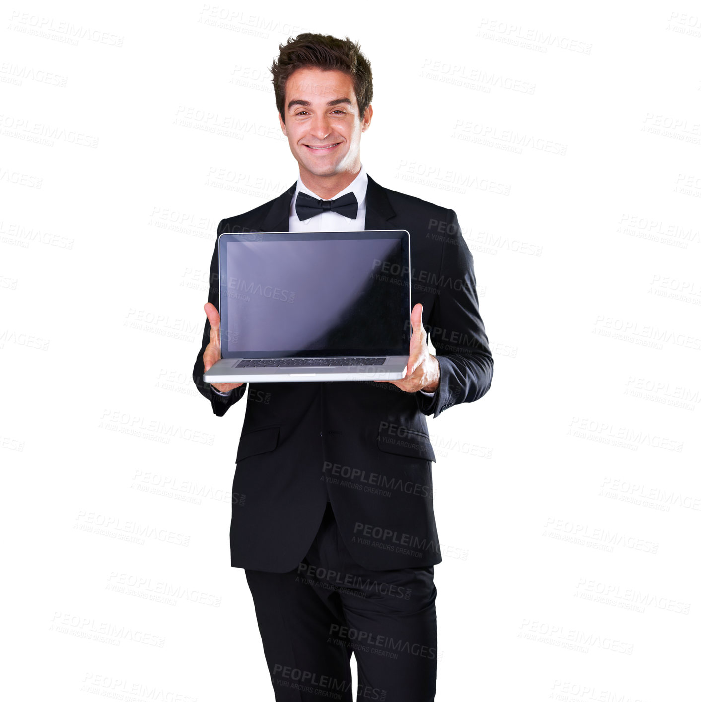 Buy stock photo Portrait, happy and male waiter with blank screen for service in studio and white background with luxury. Butler, man and smile and menu on laptop with servant on website in mockup space with tuxedo.