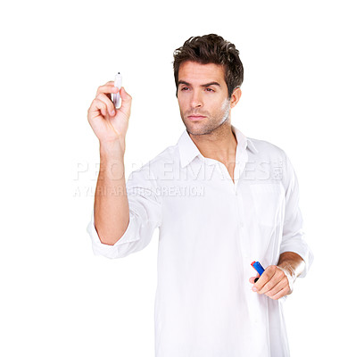 Buy stock photo Thinking, writing and man with business, brainstorming and employee isolated on a white studio background. Person, model and entrepreneur with ideas and project with planning and decision with choice