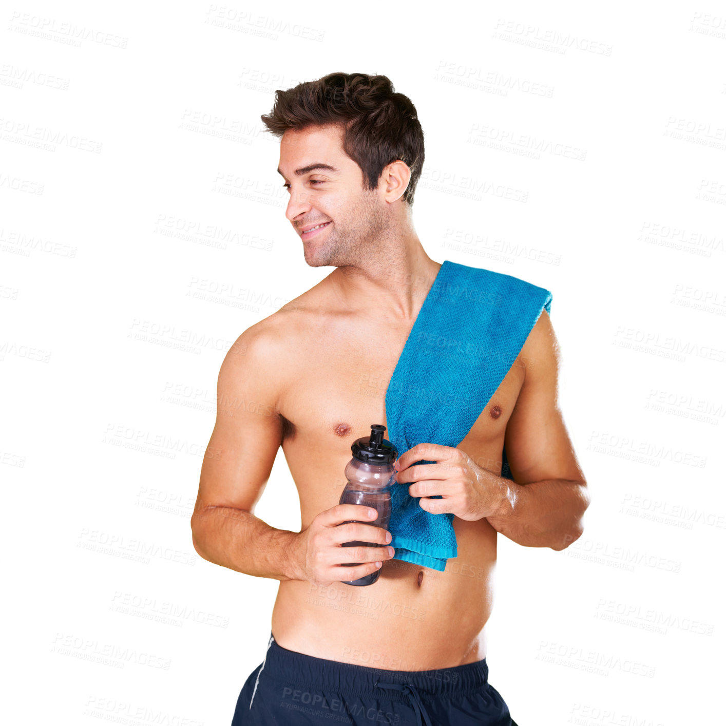 Buy stock photo Thinking, shirtless and man with water bottle, towel and model isolated on a white studio background. Person, smile and guy with hydration and mockup space with nutrition and fitness with confidence
