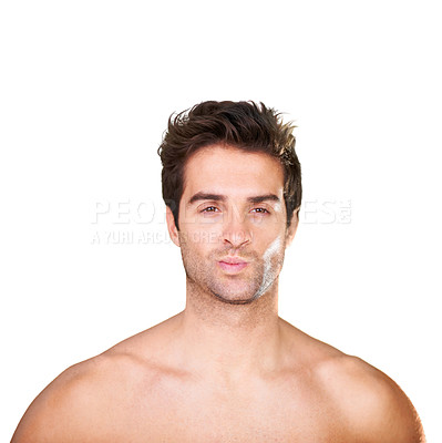 Buy stock photo Portrait, skincare and man with cosmetics, grooming and confident guy isolated on a white studio background. Face, person and model with mockup space and beauty with treatment, shine and wellness