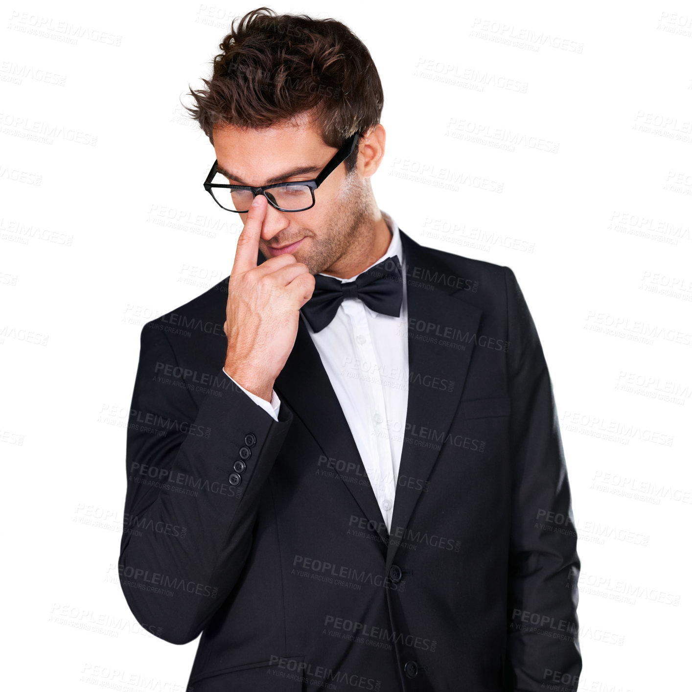 Buy stock photo Studio, fashion and man with tuxedo, glasses and formal evening wear for elegant outfit on white background. Suit, confidence and aesthetic model with classy outfit, fancy clothes and fix eyeglasses