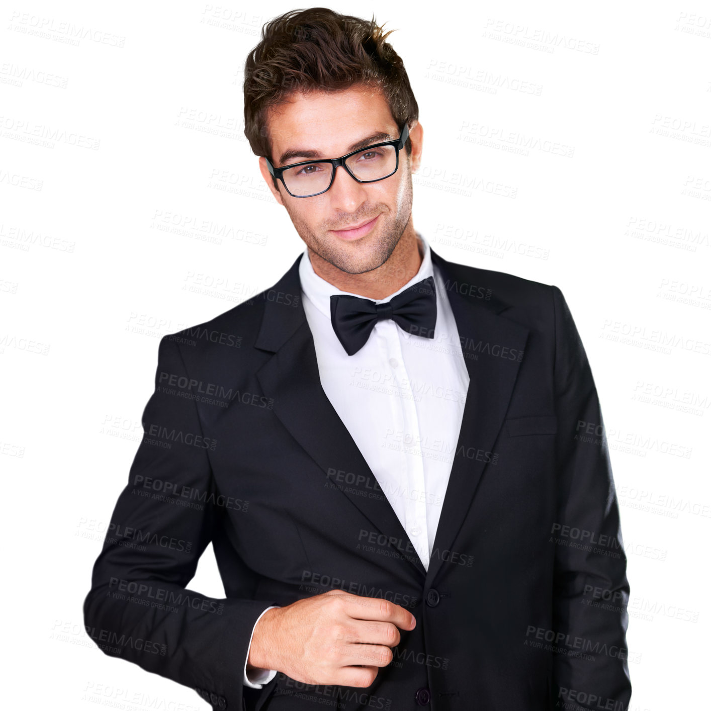 Buy stock photo A young man wearing a suit and bow tie - isolated